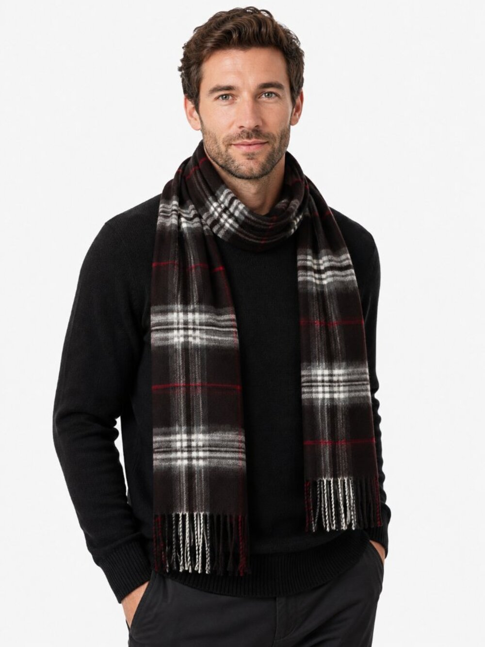 V.Fraas Cashmink Plaid Scarf Made in Germany Fringe Grey Red Preppy Traditional